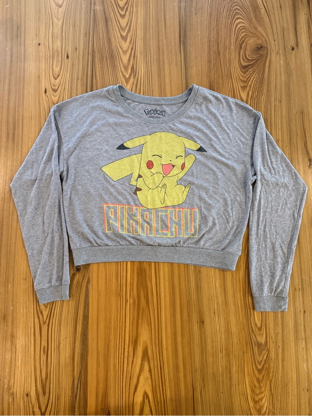 Pokemon Gray Long Sleeve Pikachu Crop Top with Yellow Graphic Medium